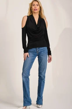 Cowl Neckline Cold Shoulder Jersey Top, Black
