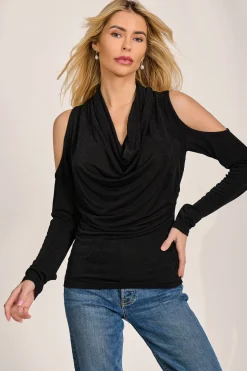 Cowl Neckline Cold Shoulder Jersey Top, Black