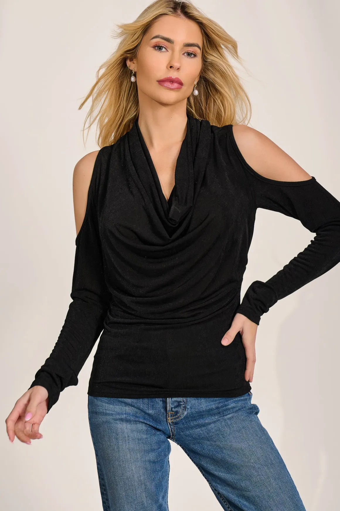 Cowl Neckline Cold Shoulder Jersey Top, Black