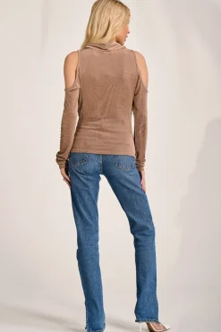 Cowl Neckline Cold Shoulder Jersey Top, Mocha