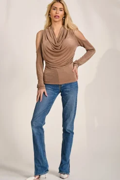 Cowl Neckline Cold Shoulder Jersey Top, Mocha