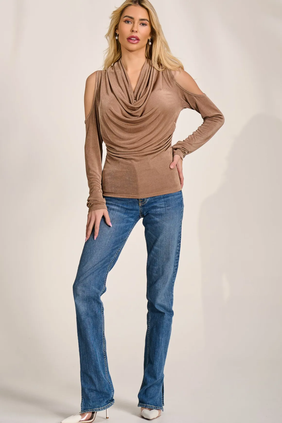 Cowl Neckline Cold Shoulder Jersey Top, Mocha