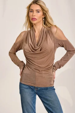 Cowl Neckline Cold Shoulder Jersey Top, Mocha
