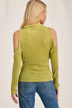 Cowl Neckline Cold Shoulder Jersey Top, Olive Green