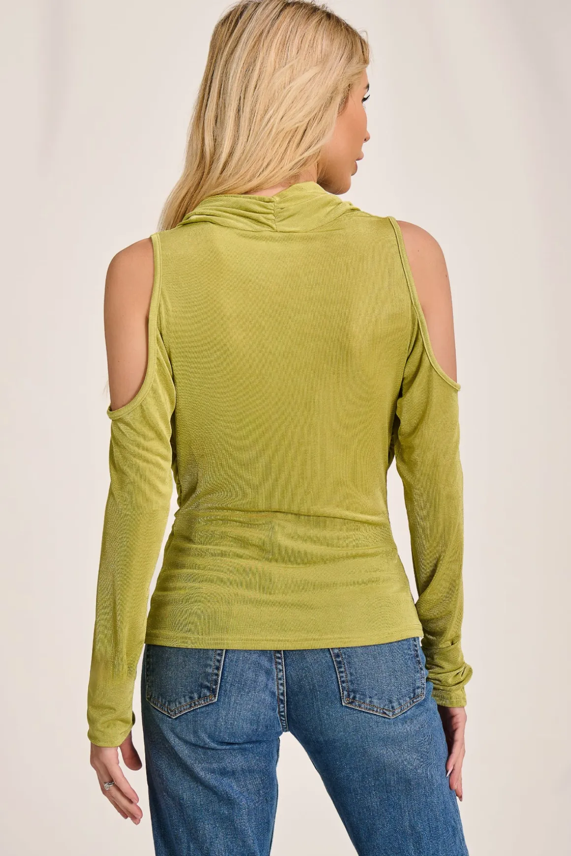 Cowl Neckline Cold Shoulder Jersey Top, Olive Green