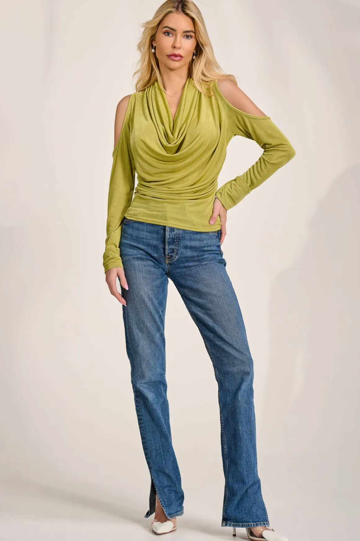 Cowl Neckline Cold Shoulder Jersey Top, Olive Green
