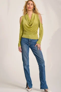 Cowl Neckline Cold Shoulder Jersey Top, Olive Green