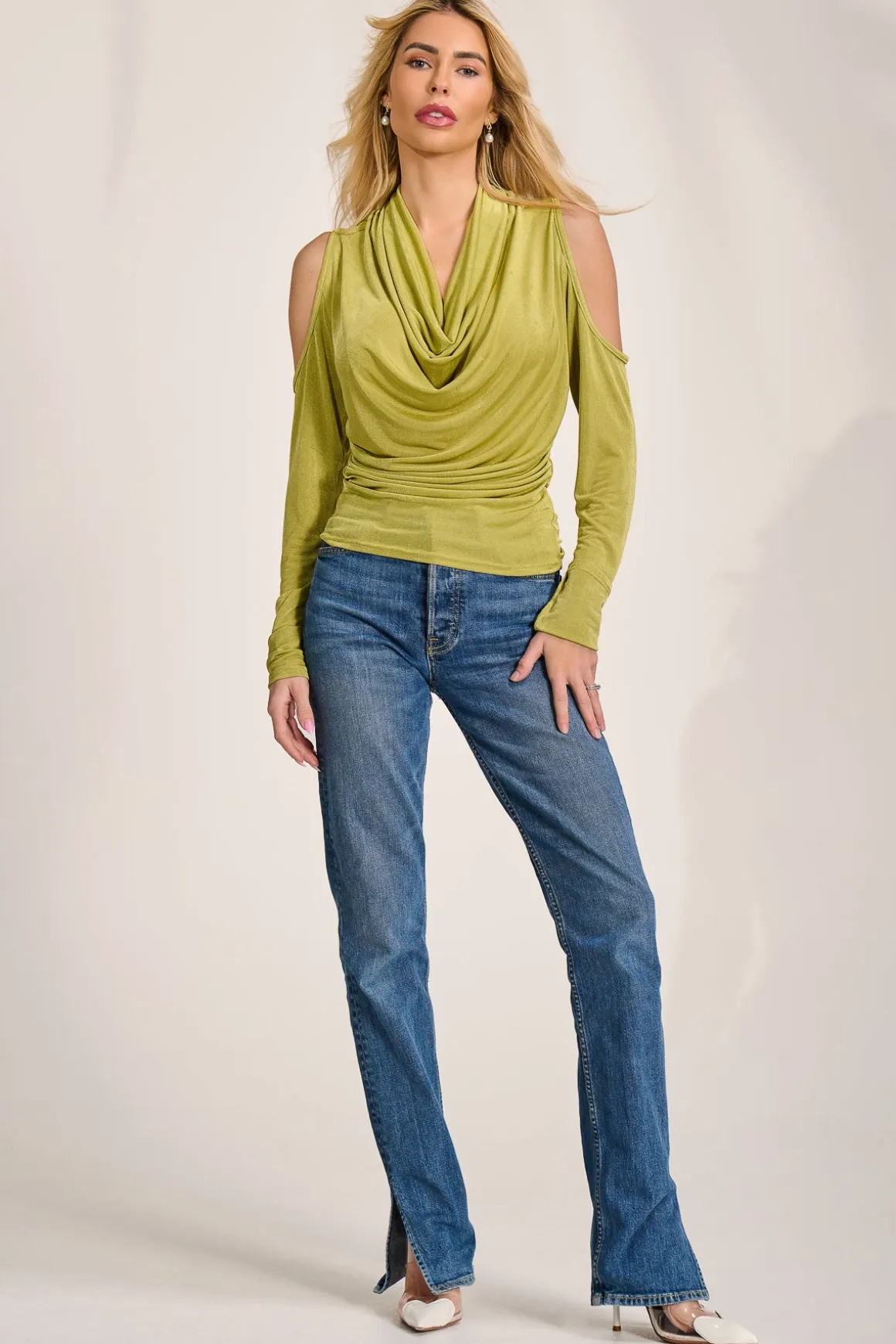 Cowl Neckline Cold Shoulder Jersey Top, Olive Green