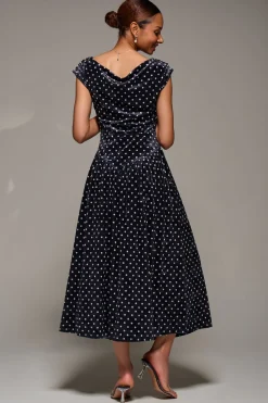 Cowl Neckline Draped Velvet Midaxi Dress, Black Polka Dot