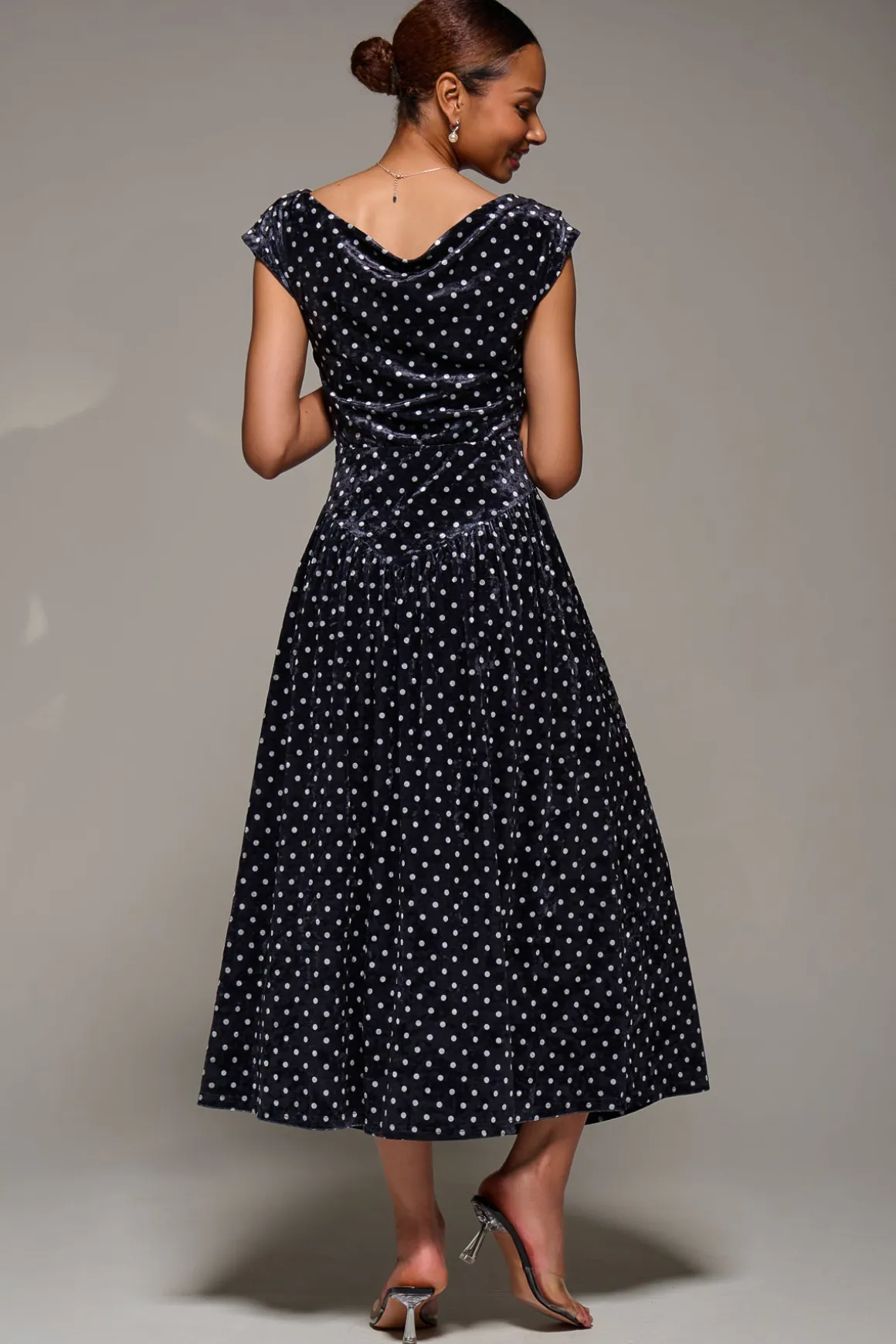 Cowl Neckline Draped Velvet Midaxi Dress, Black Polka Dot