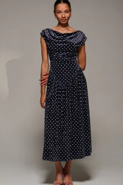 Cowl Neckline Draped Velvet Midaxi Dress, Black Polka Dot