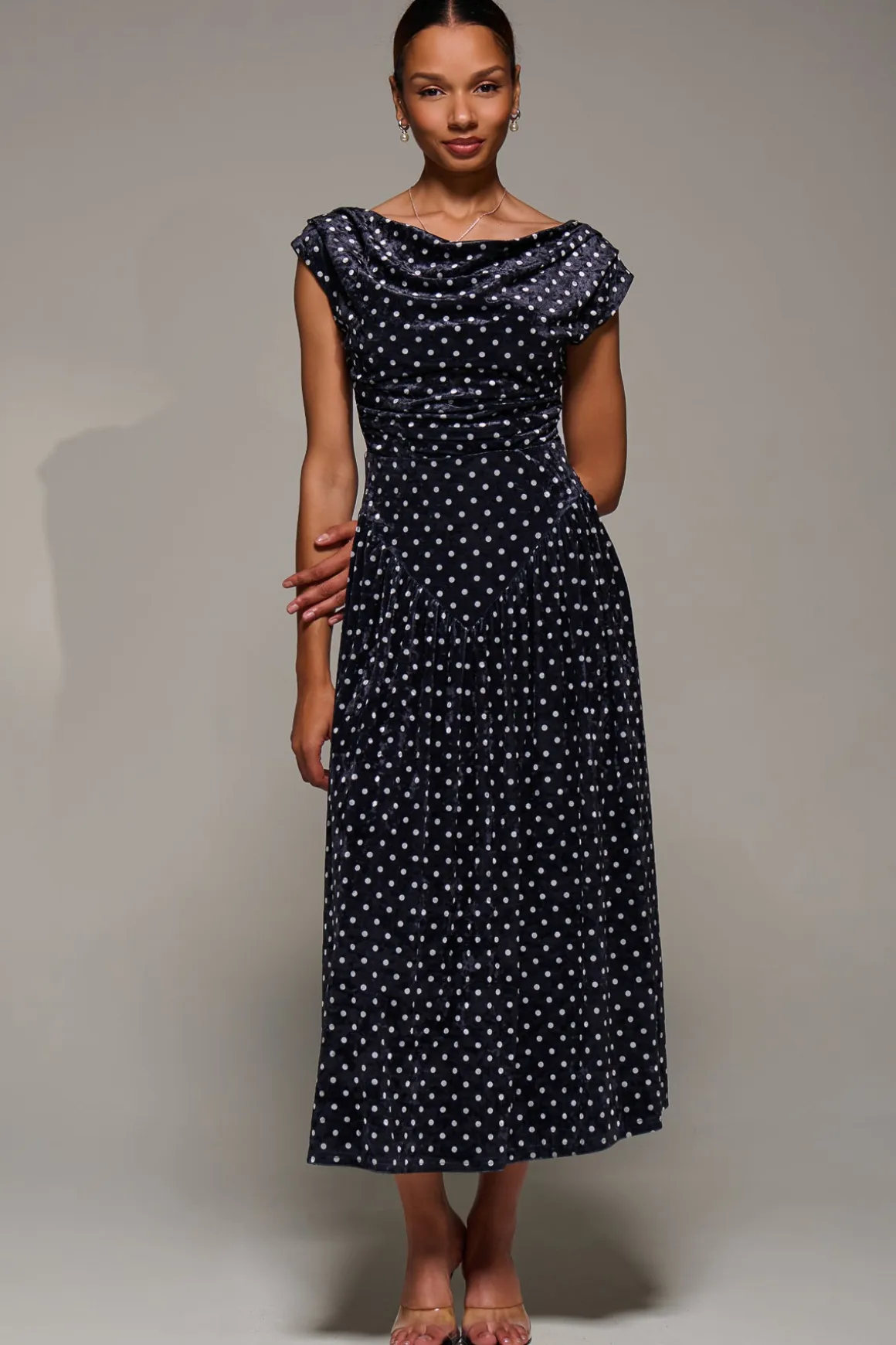 Cowl Neckline Draped Velvet Midaxi Dress, Black Polka Dot