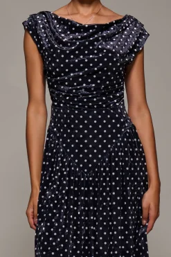 Cowl Neckline Draped Velvet Midaxi Dress, Black Polka Dot