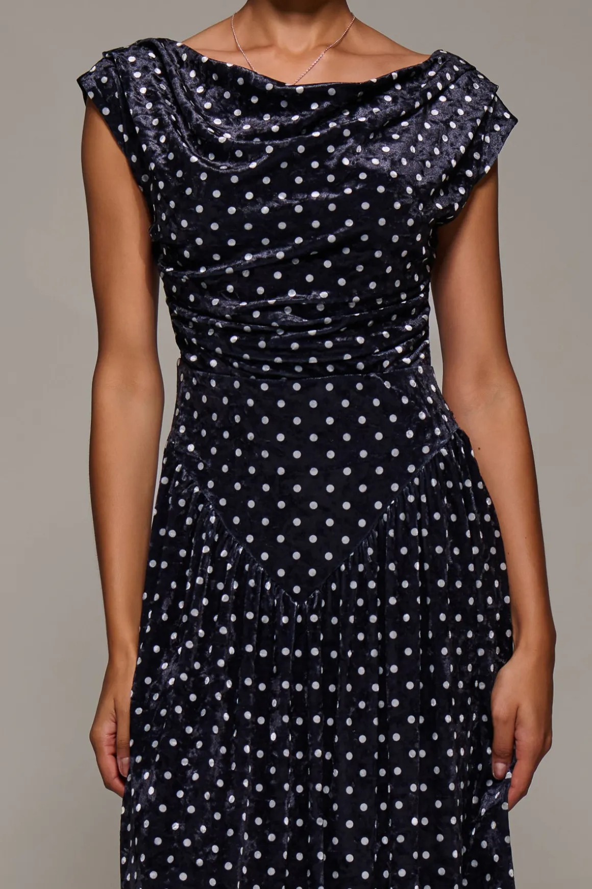 Cowl Neckline Draped Velvet Midaxi Dress, Black Polka Dot