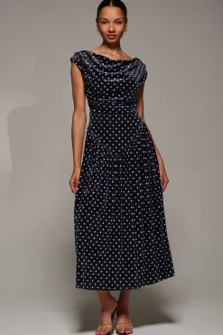 Cowl Neckline Draped Velvet Midaxi Dress, Black Polka Dot