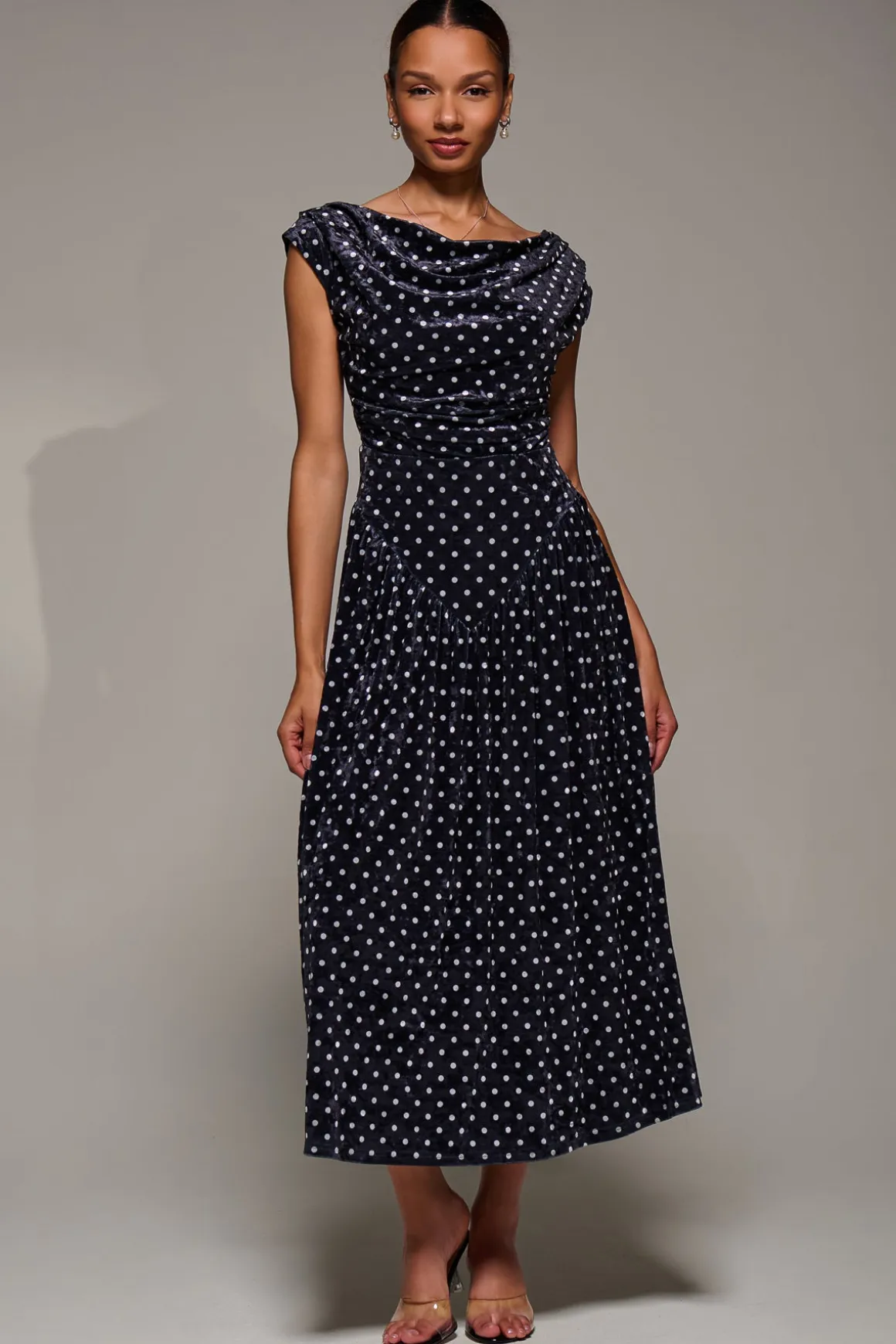 Cowl Neckline Draped Velvet Midaxi Dress, Black Polka Dot