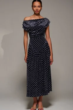 Cowl Neckline Draped Velvet Midaxi Dress, Black Polka Dot