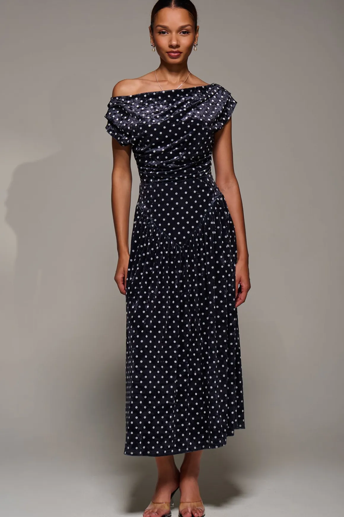 Cowl Neckline Draped Velvet Midaxi Dress, Black Polka Dot