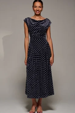 Cowl Neckline Draped Velvet Midaxi Dress, Black Polka Dot