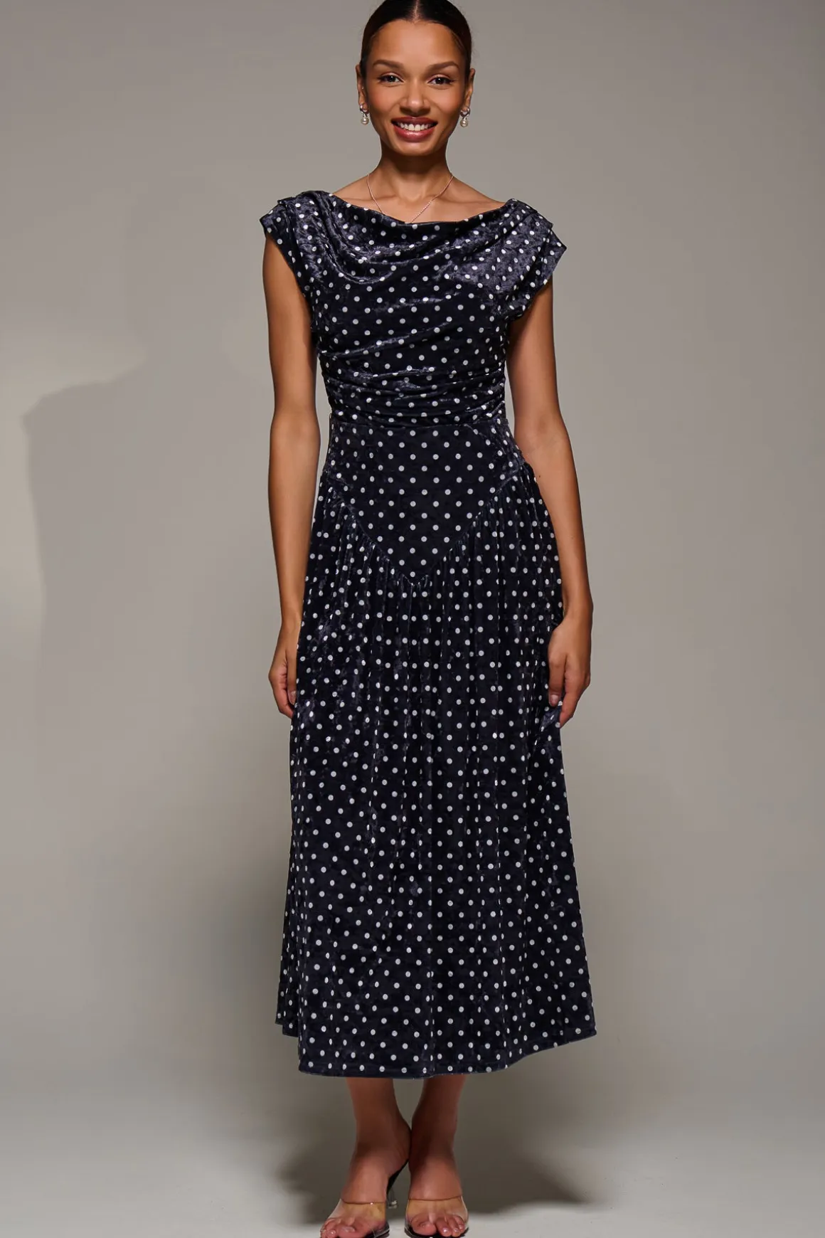 Cowl Neckline Draped Velvet Midaxi Dress, Black Polka Dot