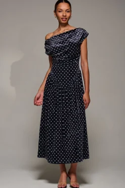 Cowl Neckline Draped Velvet Midaxi Dress, Black Polka Dot