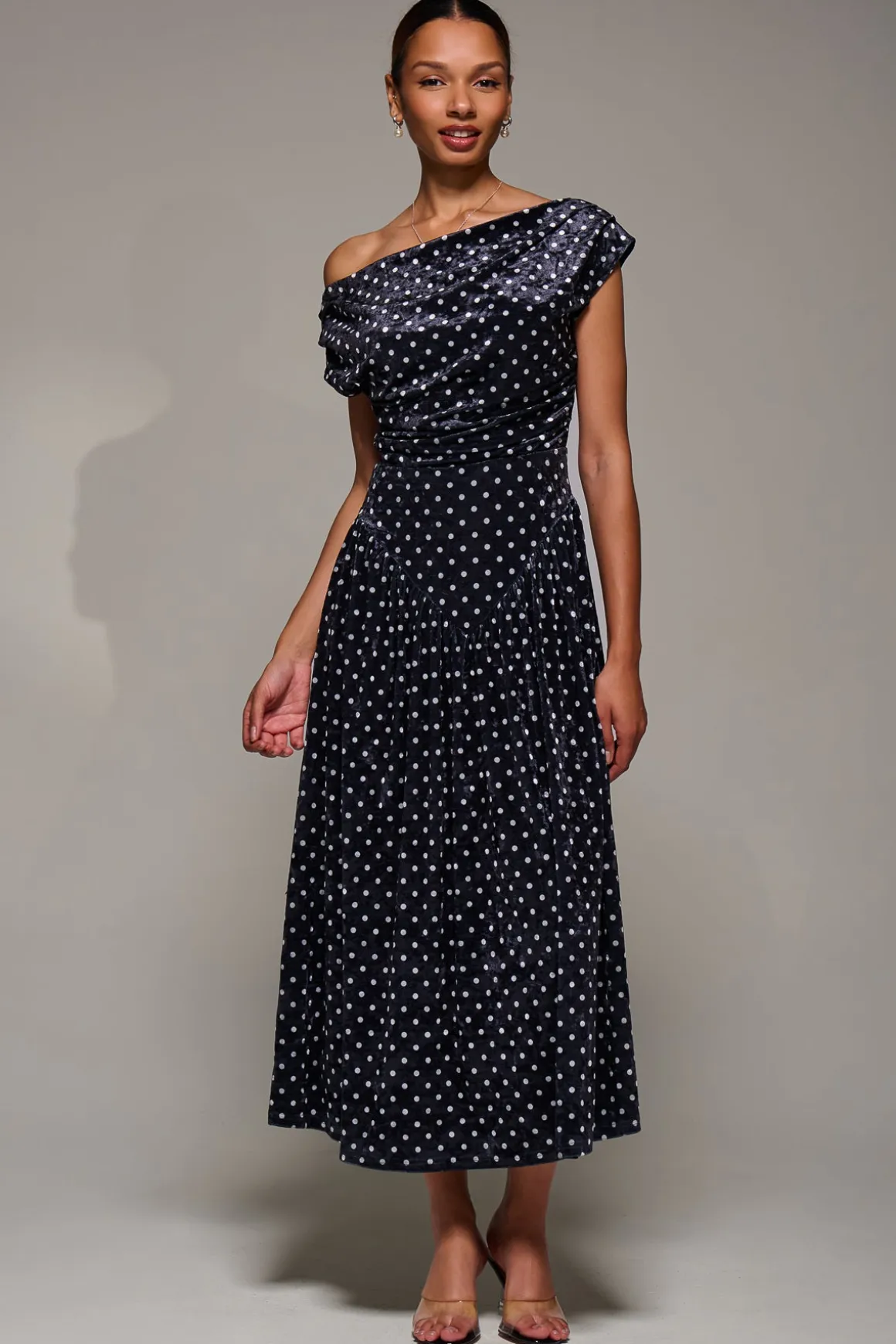 Cowl Neckline Draped Velvet Midaxi Dress, Black Polka Dot