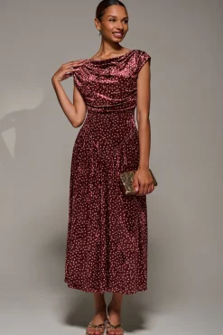 Cowl Neckline Draped Velvet Midaxi Dress, Burgundy Polka Dot