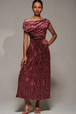 Cowl Neckline Draped Velvet Midaxi Dress, Burgundy Polka Dot