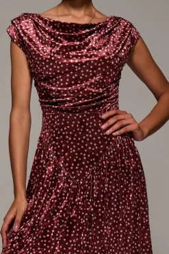 Cowl Neckline Draped Velvet Midaxi Dress, Burgundy Polka Dot