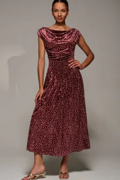 Cowl Neckline Draped Velvet Midaxi Dress, Burgundy Polka Dot