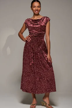 Cowl Neckline Draped Velvet Midaxi Dress, Burgundy Polka Dot
