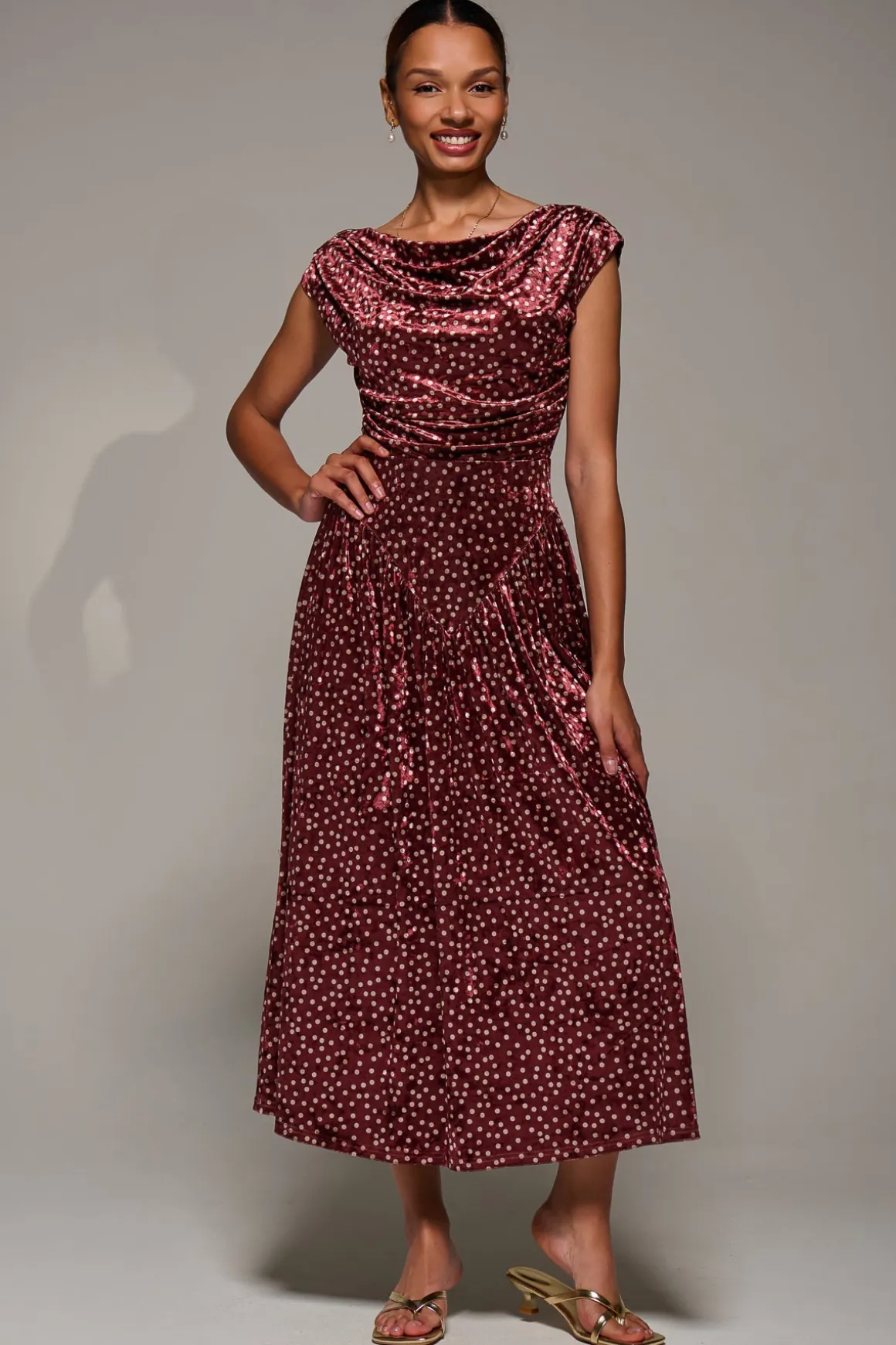 Cowl Neckline Draped Velvet Midaxi Dress, Burgundy Polka Dot