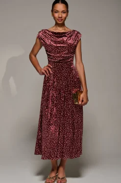 Cowl Neckline Draped Velvet Midaxi Dress, Burgundy Polka Dot
