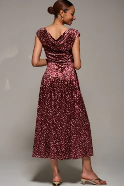 Cowl Neckline Draped Velvet Midaxi Dress, Burgundy Polka Dot