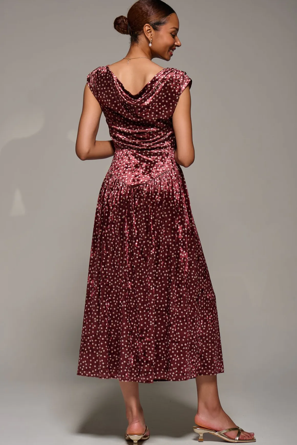 Cowl Neckline Draped Velvet Midaxi Dress, Burgundy Polka Dot