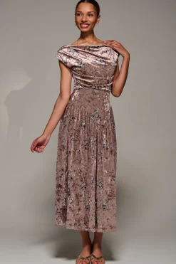Cowl Neckline Draped Velvet Midaxi Dress, Neutral Floral
