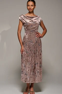 Cowl Neckline Draped Velvet Midaxi Dress, Neutral Floral