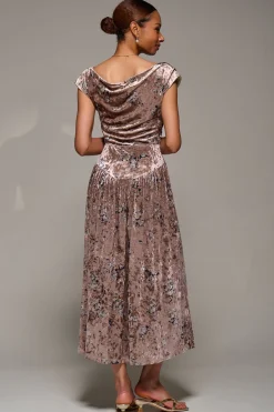 Cowl Neckline Draped Velvet Midaxi Dress, Neutral Floral
