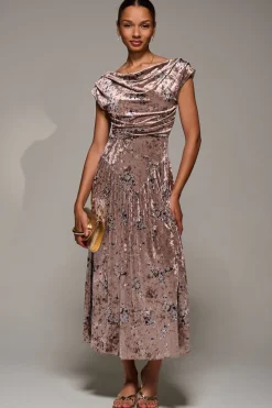 Cowl Neckline Draped Velvet Midaxi Dress, Neutral Floral