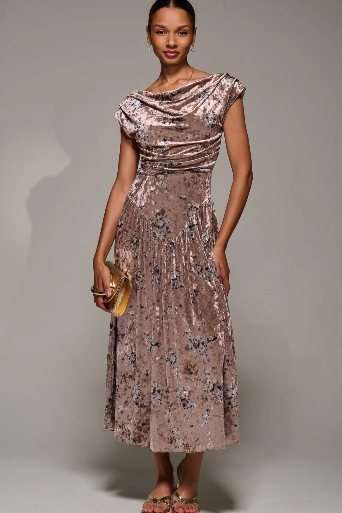 Cowl Neckline Draped Velvet Midaxi Dress, Neutral Floral