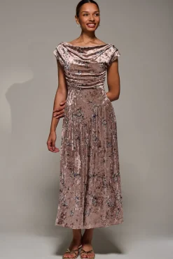 Cowl Neckline Draped Velvet Midaxi Dress, Neutral Floral