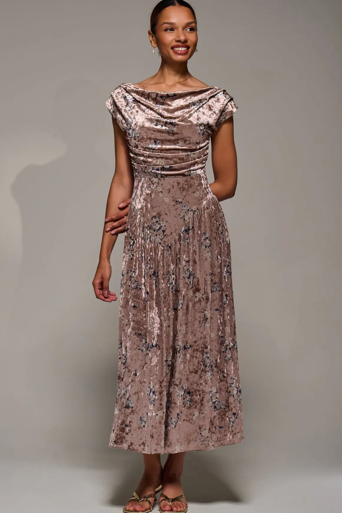 Cowl Neckline Draped Velvet Midaxi Dress, Neutral Floral
