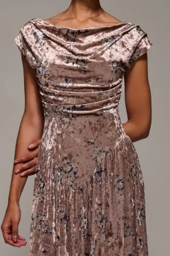 Cowl Neckline Draped Velvet Midaxi Dress, Neutral Floral