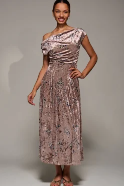 Cowl Neckline Draped Velvet Midaxi Dress, Neutral Floral
