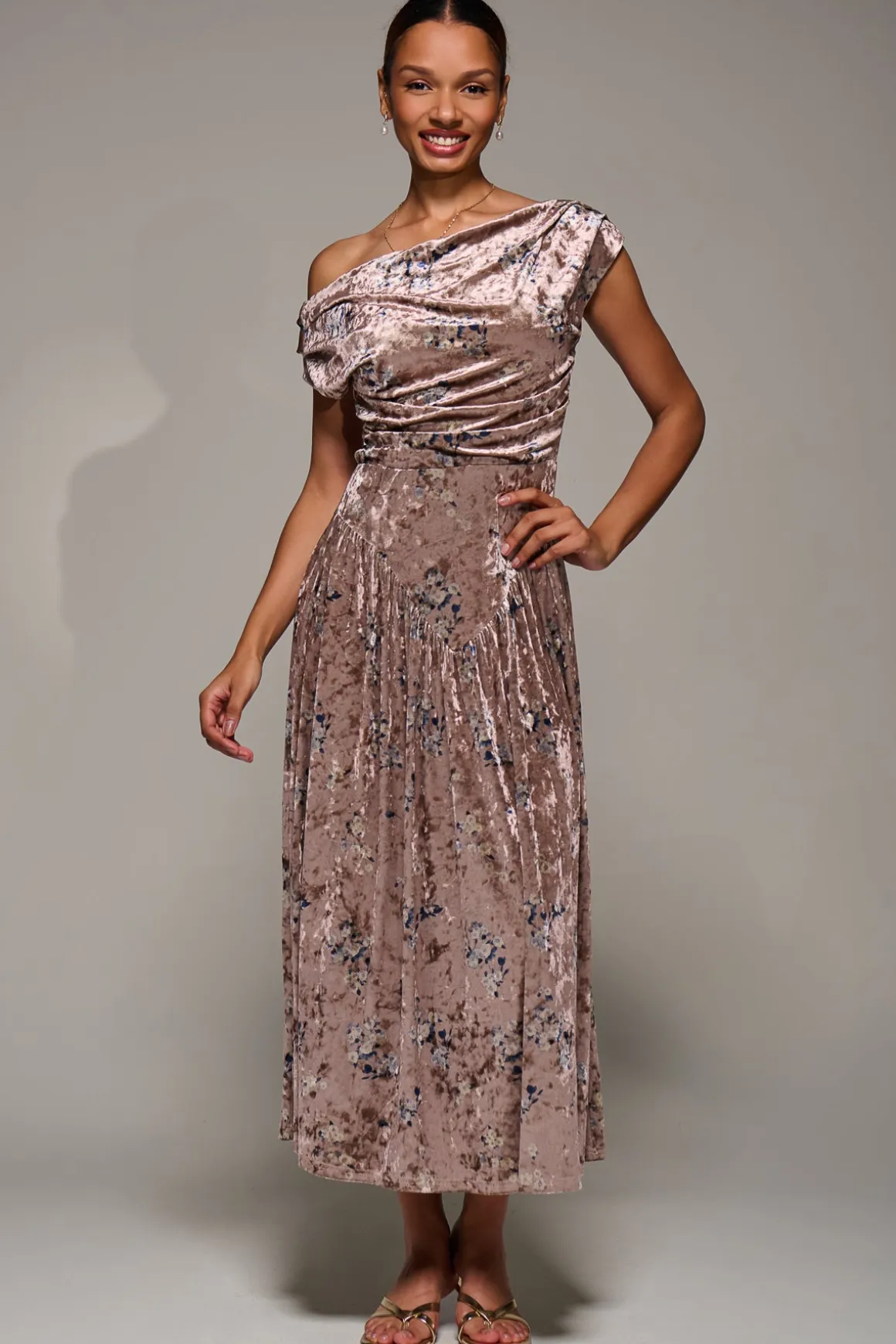 Cowl Neckline Draped Velvet Midaxi Dress, Neutral Floral