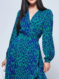 Crepe Wrap Long Sleeve Midi Dress, Green Animal