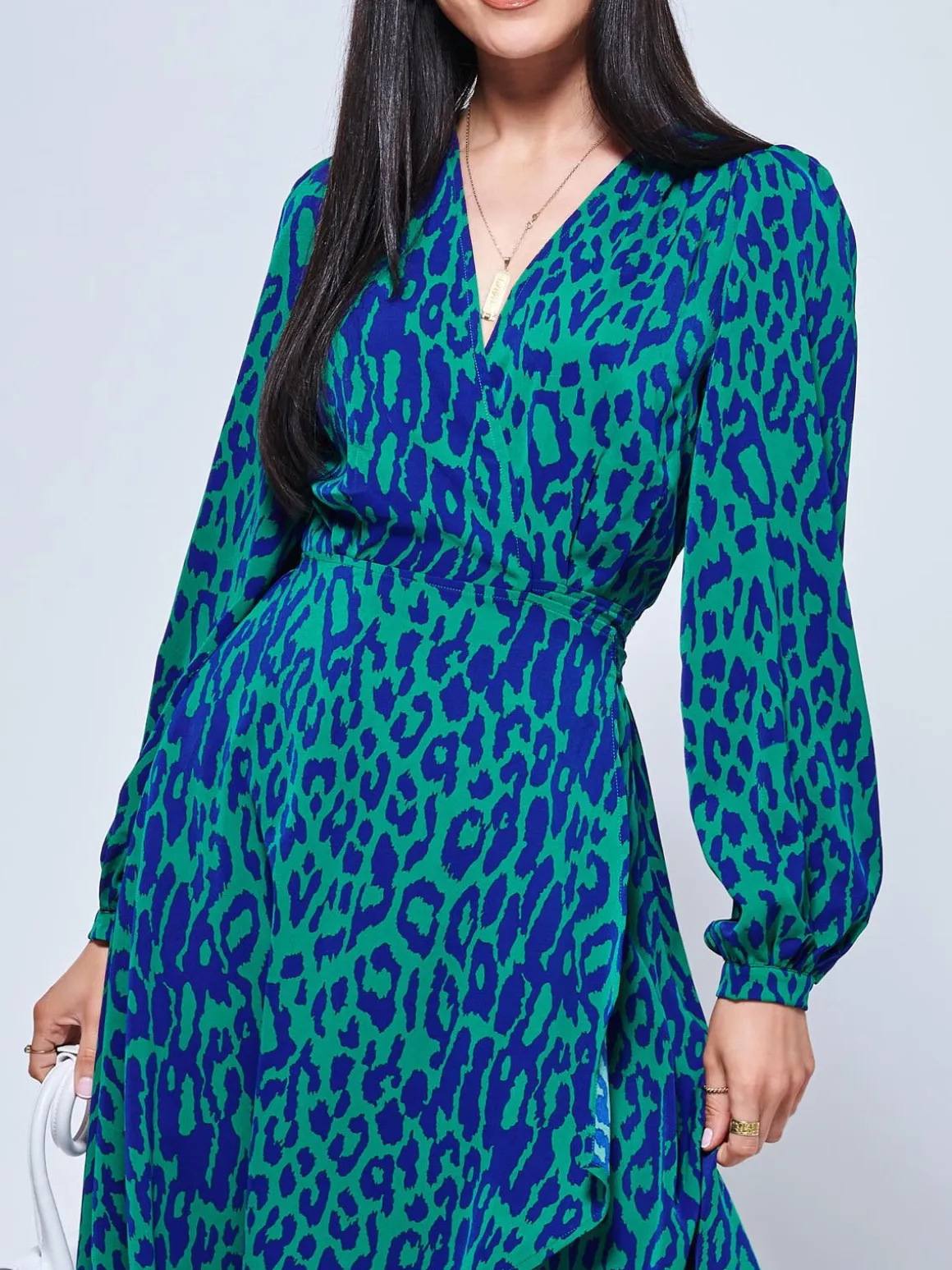 Crepe Wrap Long Sleeve Midi Dress, Green Animal