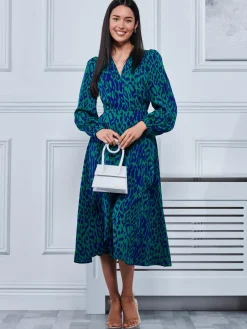 Crepe Wrap Long Sleeve Midi Dress, Green Animal