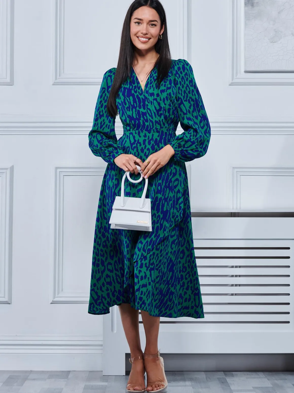 Crepe Wrap Long Sleeve Midi Dress, Green Animal