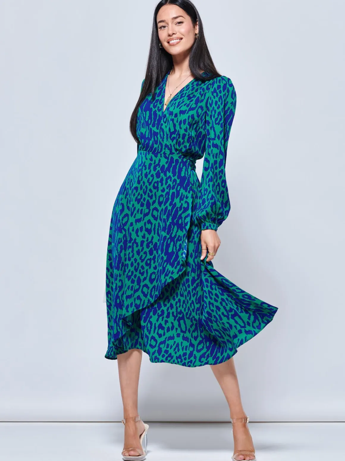 Crepe Wrap Long Sleeve Midi Dress, Green Animal